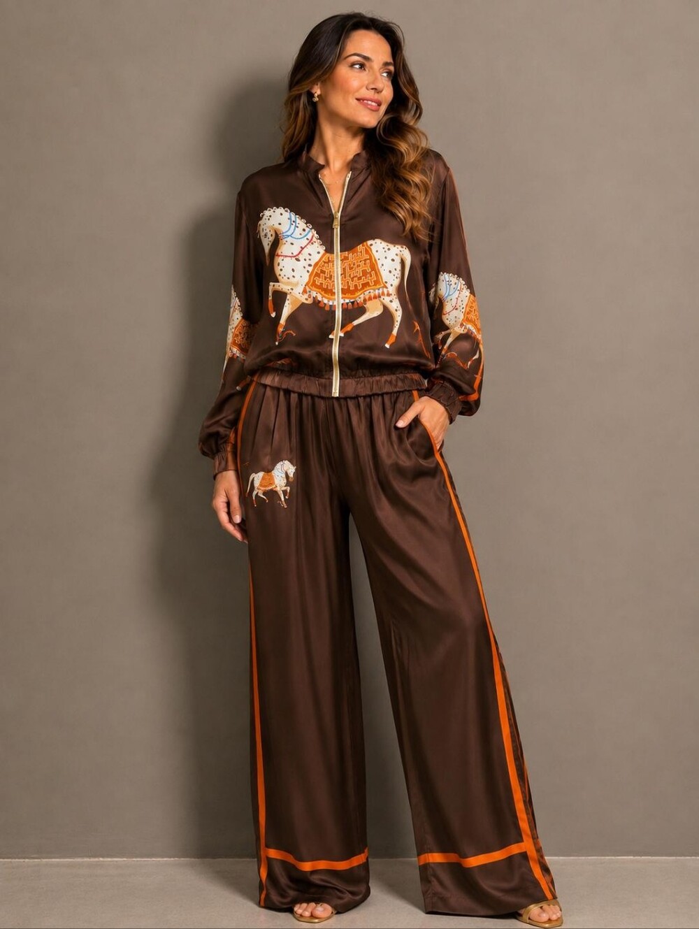 OZ30 Made In Italy Viscose Rayon Women Brown Satin Horse-Print Wide-Leg Pant Set
